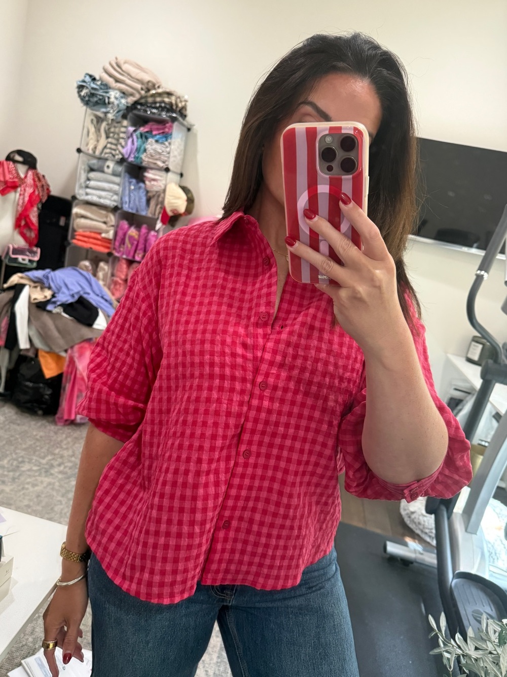 Day + Moon | Women's Pink & Mauve Gingham Button Up Blouse M NWT
